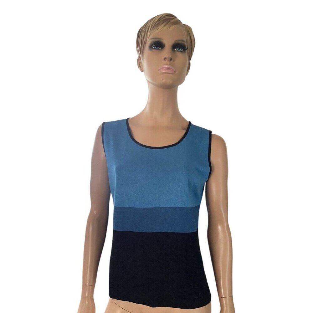 Exclusively Misook Blue Black Knit Acrylic Sleeveless Shell Top Tank - Size L